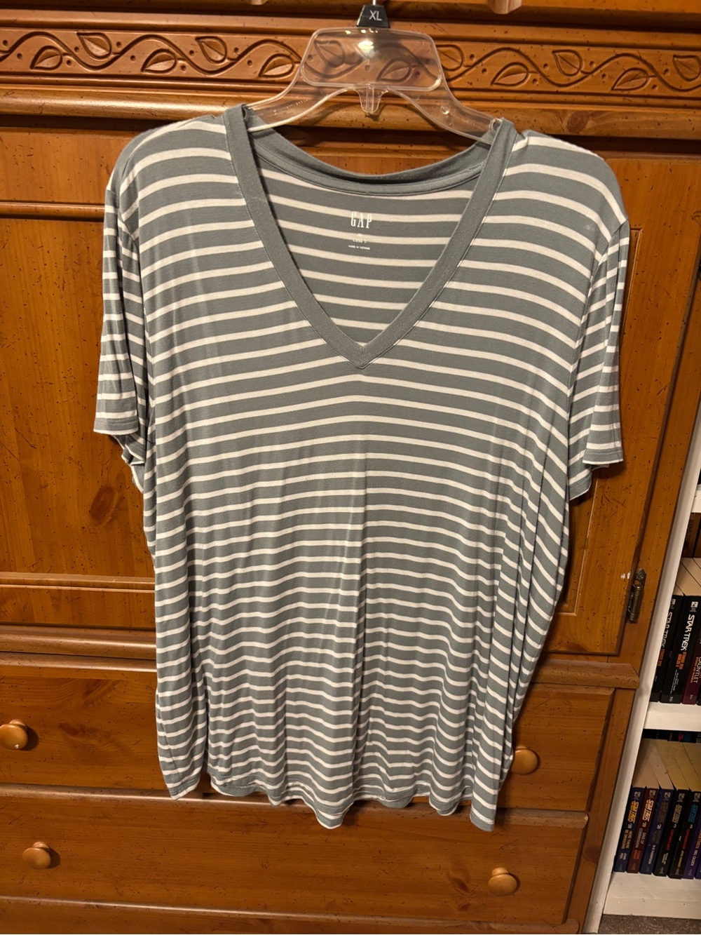 GAP Striped V-Neck Tee in Green and White